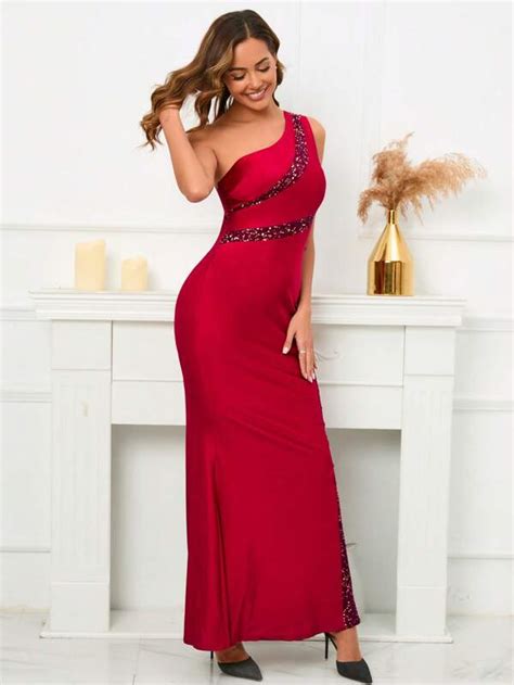 Shein Belle One Shoulder Contrast Sequin Mermaid Hem Formal Dress