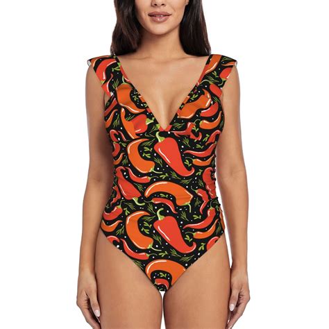 Adobk Red Hot Chili Print Women S Swimsuits Slimming One Piece Bathing Suit Ruffle Wrap V Neck