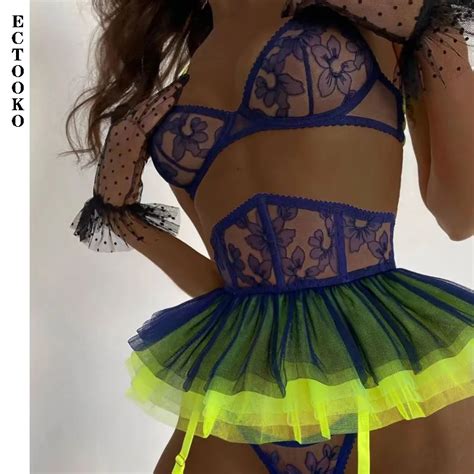 ECTOOKO New Color Matching Small Skirt Sexy Lingerie Three Piece Set With Leg Rings Without
