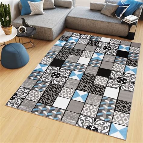 TAPISO Tapis Salon Poil Court Maya Bleu Gris Noir Mosaïque