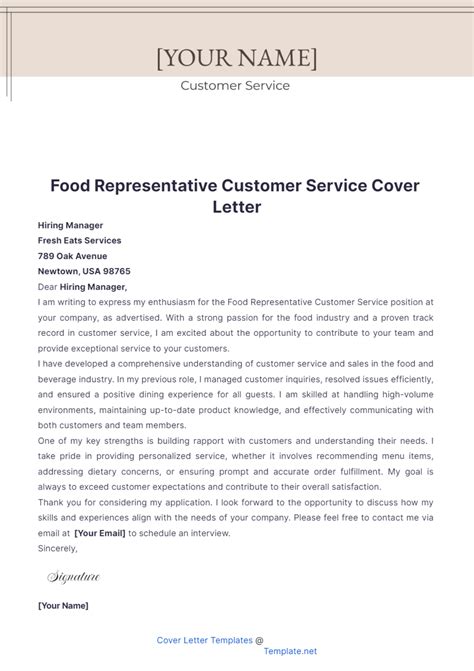 Free Food Representative Customer Service Cover Letter Template Edit