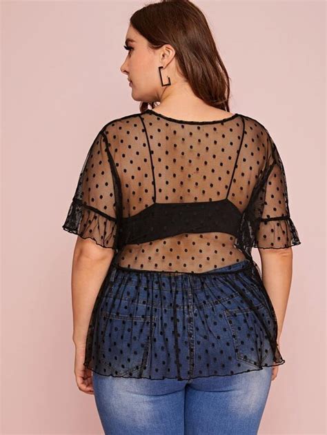 SHEIN Privé Plus Dot Mesh Sheer Peplum Top Without Bra SHEIN USA