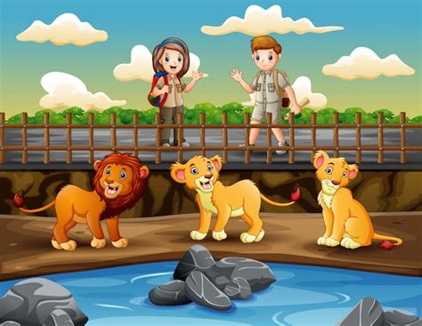 Premium Vector | Safari girl and boy looking a lions in the zoo