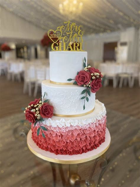 Red And Gold Theme Wedding Cake With Ombre Ruffle Bottom Tier