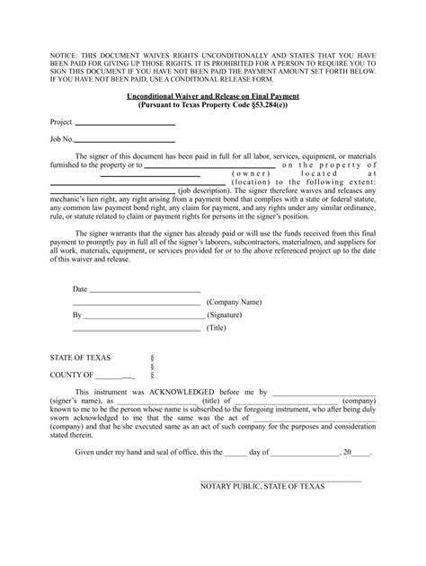 Unconditional Waiver And Release On Final Payment Texas Fill Online Printable Fillable