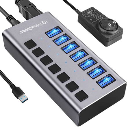 7 Port USB 3 0 HUB With Individual Switch Power Adapter Plug Black