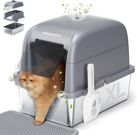 Meowant Stainless Steel Cat Litter Box, Extra Large 3-in-1 Enclosed