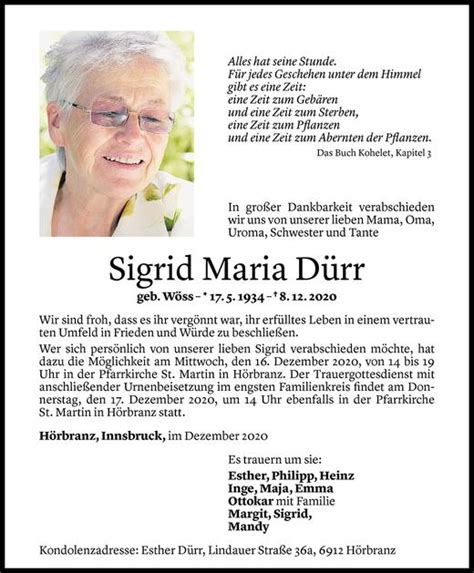 Todesanzeigen von Sigrid Dürr Todesanzeigen Vorarlberger Nachrichten