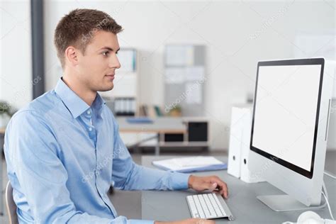 Businessman Staring At Computer Screen On His Desk — Stock Photo