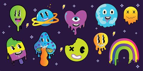 Psychedelic Cartoon Sticker Set Funny Faces With Distorted Eyes And