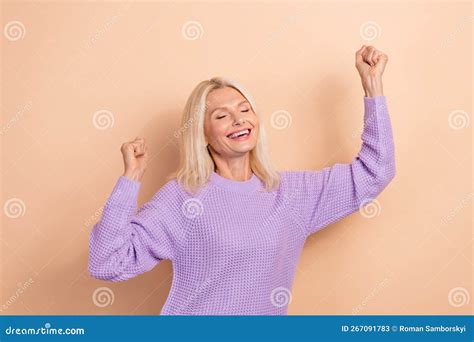 Photo Of Satisfied Positive Lady Blond Hairdo Wear Knit Sweater