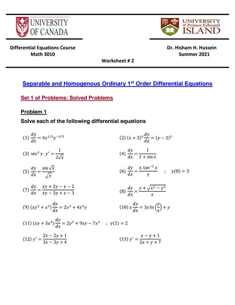 Solution Worksheet 2 Separable And Homogenous Differential Equations