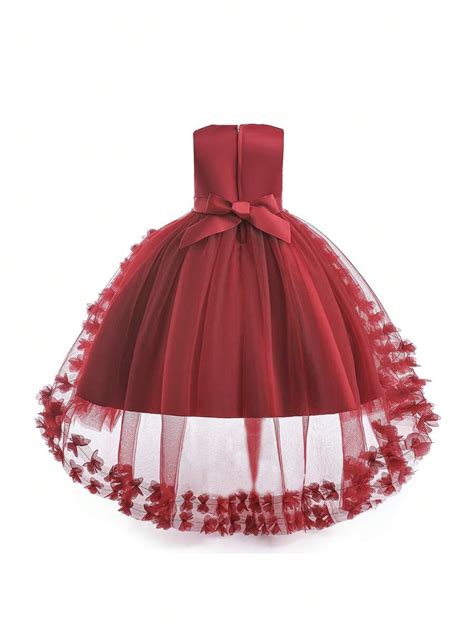 Tween Girl Formal Dress With Train Lace And Layered Tulle Full Skirt For