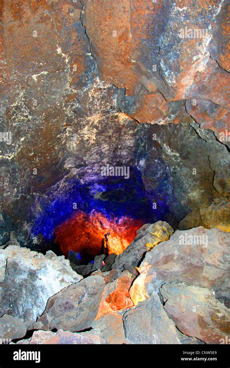 Tunnel In Volcanic Rock Illuminated By Glowing Lava Canary Islands