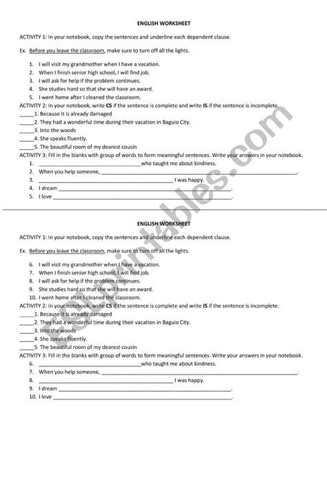 Phrase Clause Esl Worksheet By Shyrafaye