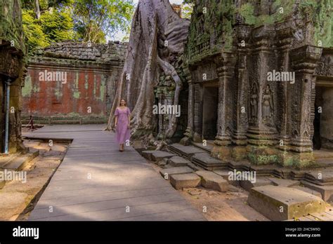 Una niña en las ruinas del templo Ta Prohm en el complejo Angkor