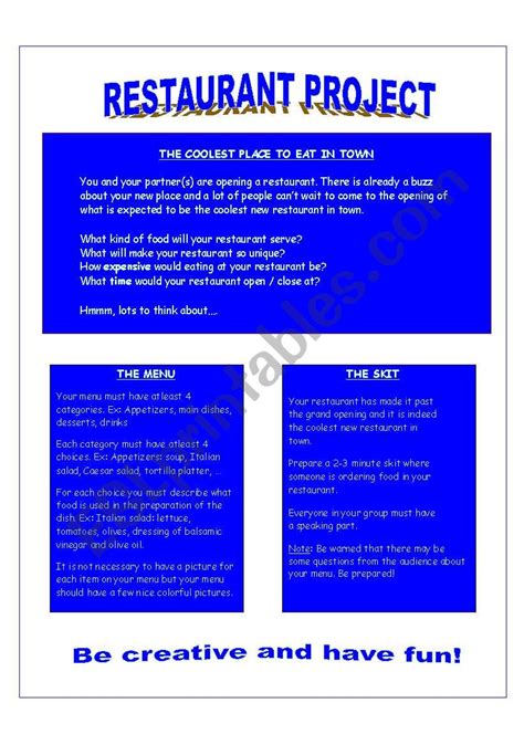 Restaurant Project Rubric ESL Worksheet By M Sansalone Yahoo