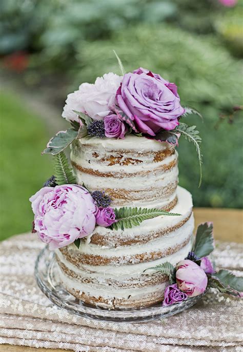 Naked Wedding Cake With Purple Flowers