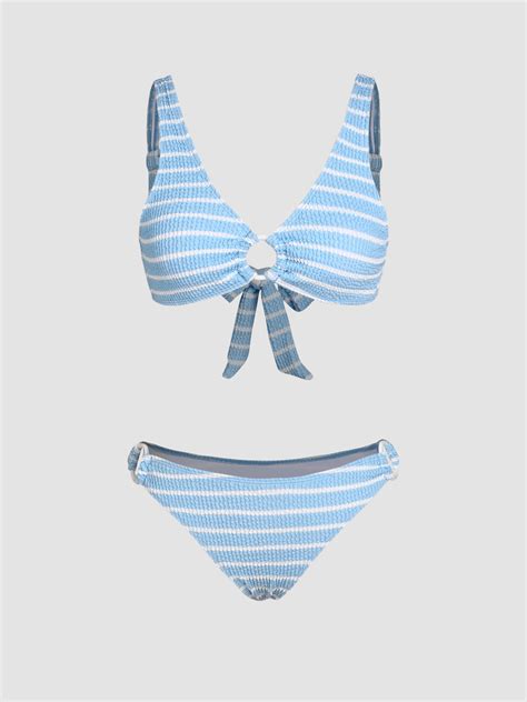 O Ring Striped Texture Bikini Swimsuit For Vacation Swimming Pool Beach