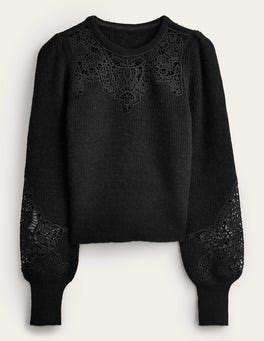 Lace Panel Fluffy Jumper Black Boden UK