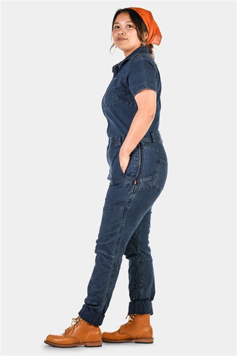 Hadley Womens Short Sleeve Coveralls In Indigo Blue With Wabash Stripe