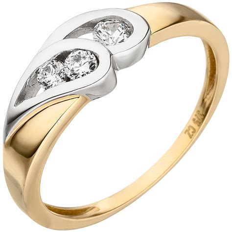 SIGO Damen Ring 375 Gold Gelbgold Bicolor 3 Zirkonia Goldring