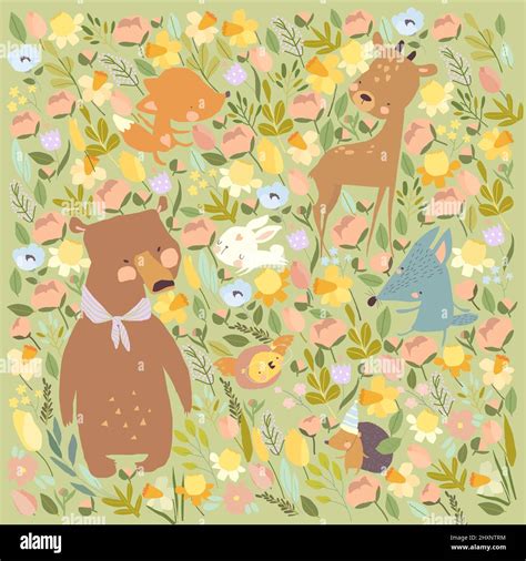 Cute Cartoon Animals meeting Spring on Flowers Meadow Stock Vector ...