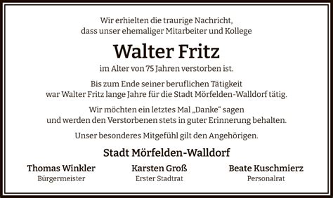 Traueranzeigen Von Walter Fritz Trauer Op Online De