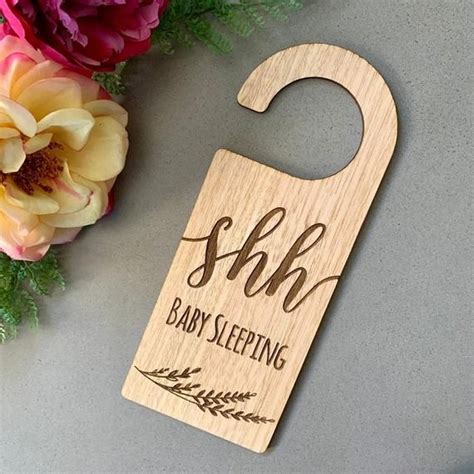 Shh baby sleeping door hanger hanging door sign nursery decor engraved ...