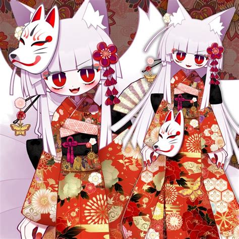 Two Anime Characters Dressed In Red And Orange Outfits With White Cats