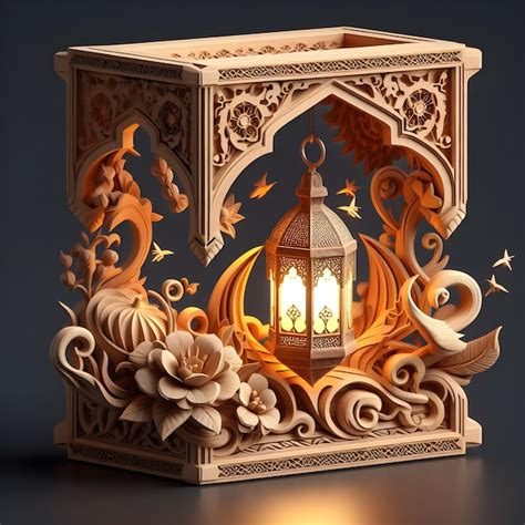 Lámpara de Ramadán 3d obra de arte de madera ai generador Foto Premium