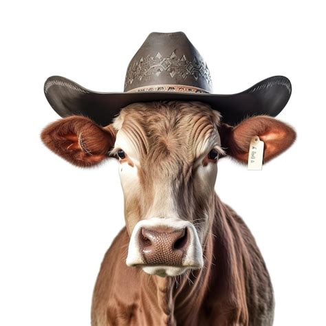 Premium AI Image | A cow wearing a cowboy hat and a tag that says cow ...