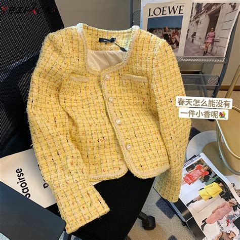 Jaket Wol Kuning Mantel Mewah Wanita Aroma Kecil Mantel Pendek Musim