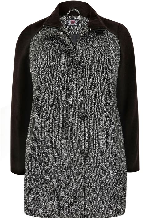 Grey And Black Tweed Herringbone Coat With High Neck Collar Plus Size 161820222426283032343