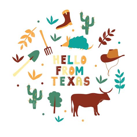 Hello Texas A Collection Of State Symbols From The Usa Vector Cartoon