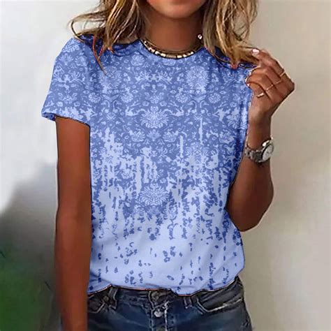 Womens Tops Clearance Under 5 Womens Fashion Printed T Shirt Short Sleeves Blouse Round Neck