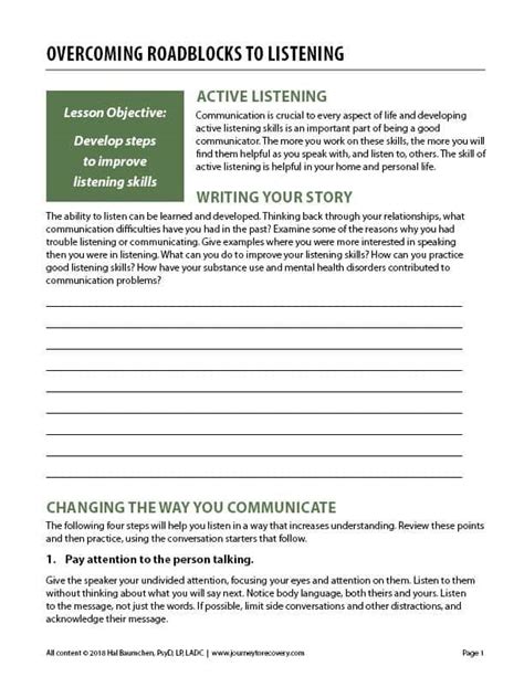 Overcoming Roadblocks To Listening Cod Worksheet Journey To Recovery