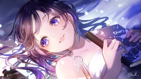 Anime Girls Brunette Anime Gotouhu Smiling Purple Eyes Long Hair