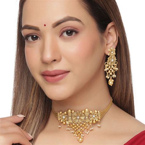 Yellow Chimes Gold Plated Pearl Drop Designed Gold Choker Necklace Set