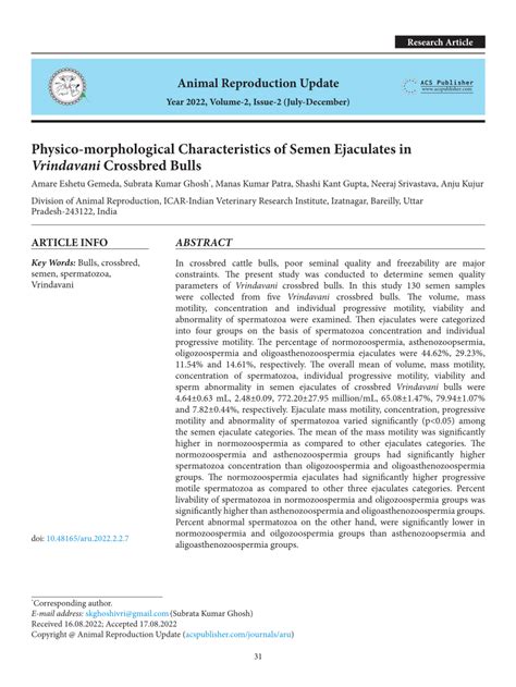 PDF Physico Morphological Characteristics Of Semen Ejaculates In