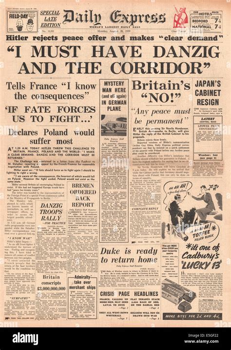 1939 World War Two World War 2 Newspaper Headline Hi Res Stock