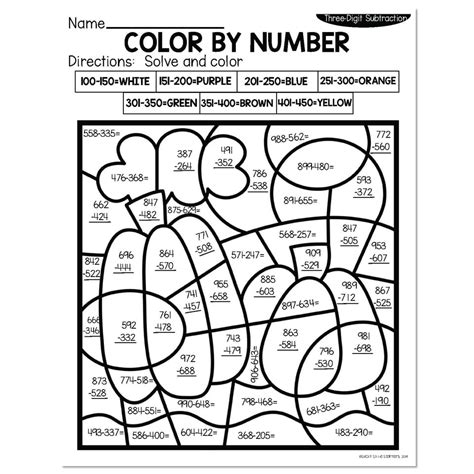 3 Digit Subtraction Fall Color By Number Pumpkins Lucky Little Learners