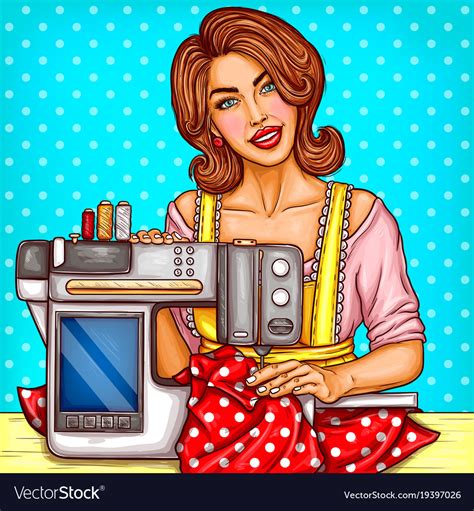 Pop Art Woman Seamstress Sews On Machine Vector Image