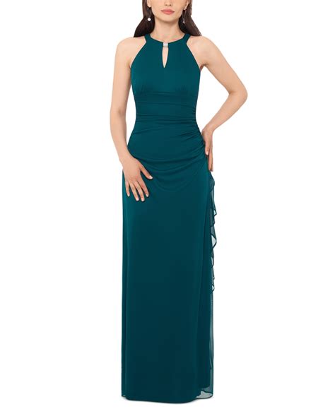 Betsy And Adam B And A By Betsy And Adam Ruched Halter Gown In Teal Modesens