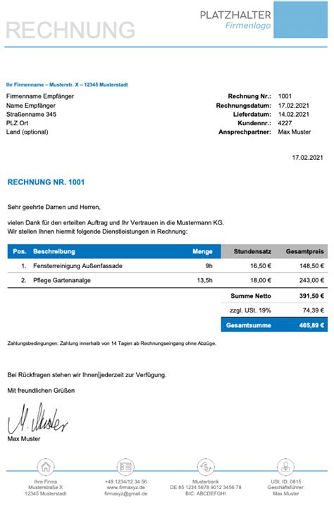 Rechnungsvorlage Dienstleistung Download für Word Excel