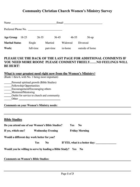 Community Christian Church Womens Ministry Survey Form Fill Out And