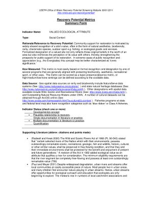 Fillable Online Watershed Recovery Potential Indicator Reference Sheet