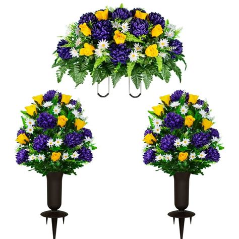 Sympathy Silks Artificial Cemetery Flowers Purple Mum And Yellow Rose 2