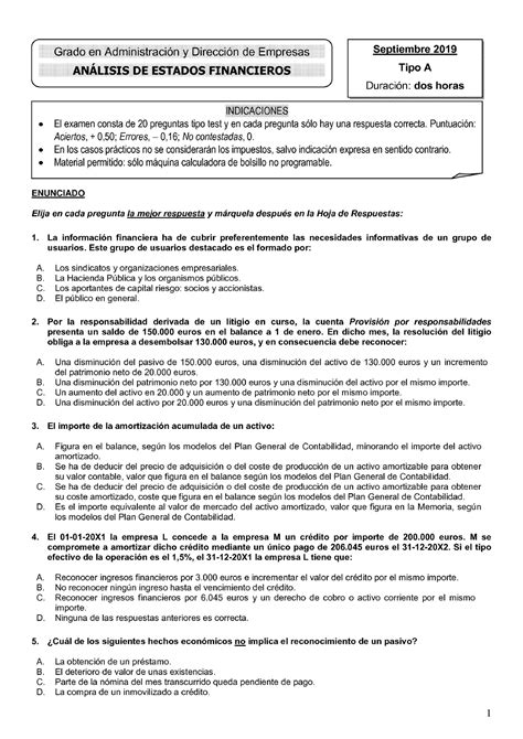 Examen Septiembre Preguntas An Lisis De Estados Financieros