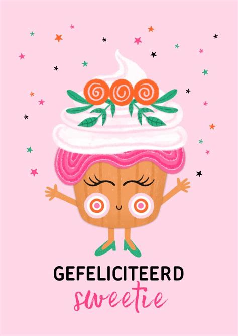 Verjaardagskaart Happy Cupcake Bloemen Roze Kaartje2go